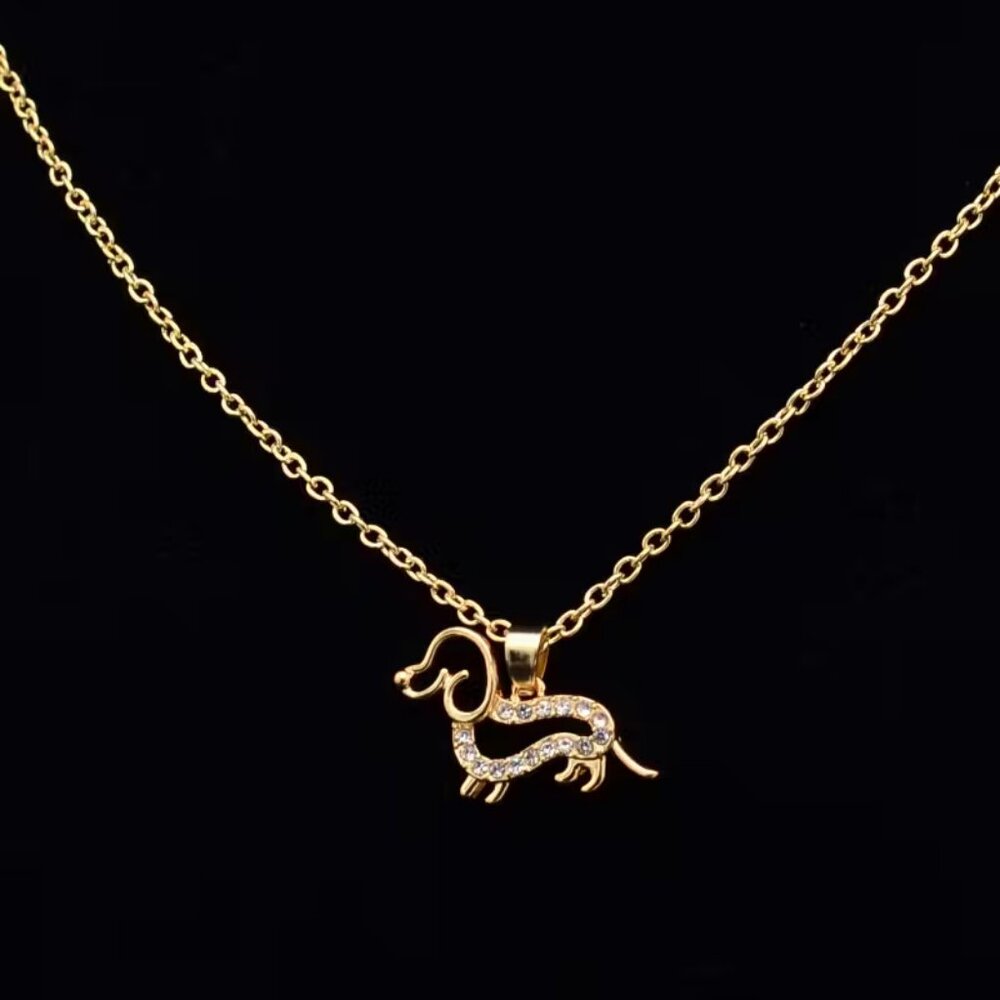 Gold Dachshund 18" Necklace Rhinestone Girls Hot Dog Doxie